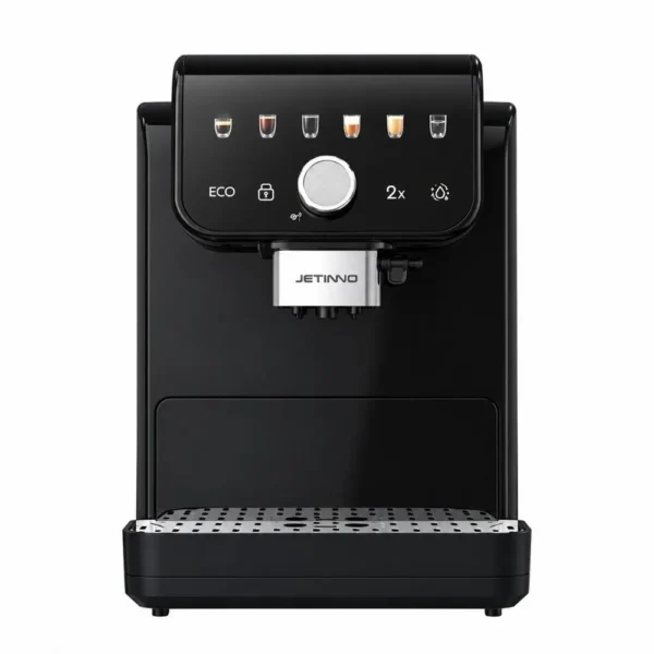 Máquina de café espresso superautomática Jetinno JL05B preta, vista frontal com painel touch