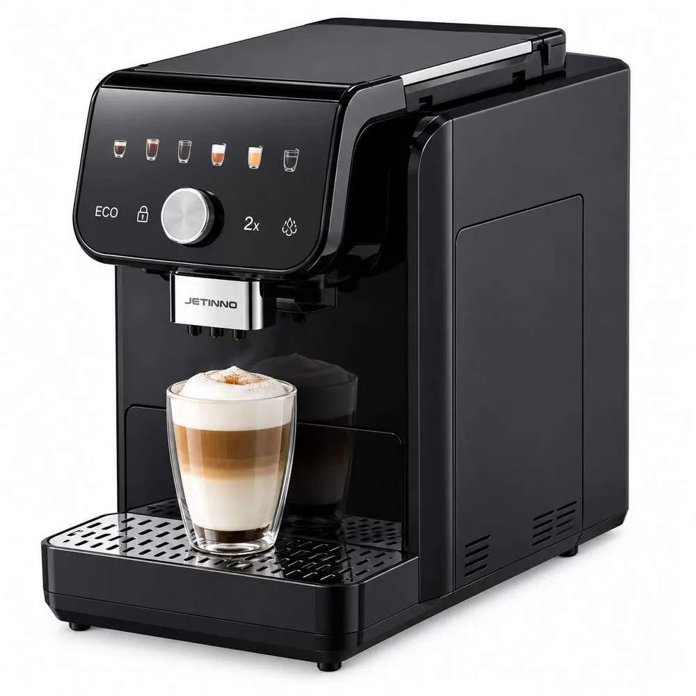 Jetinno JL05B preta em ângulo, preparando um latte em copo de vidro